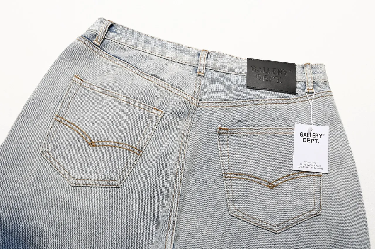 640#Gallery Dept New Style Spliced ​​Leather Label Leather Seal Water Ripple Washed Blue Destroyed Splicing Micro-Boot Jeans American High Street Flared Trousers Washed Blue S~XL p290
